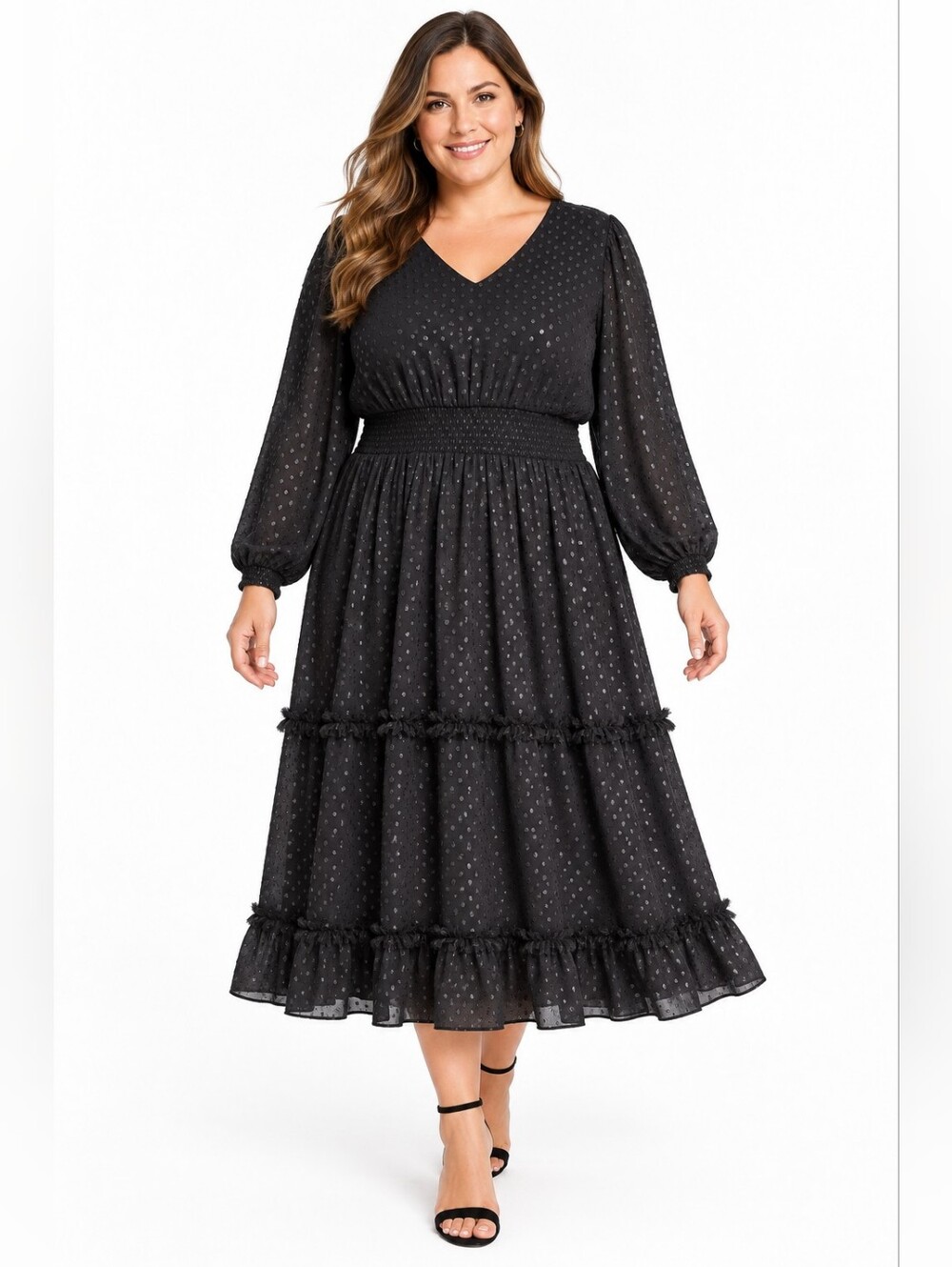 MSK Black Metallic Clip Dot Tiered Midi Dress 2X Whimsigoth dark romantic chic